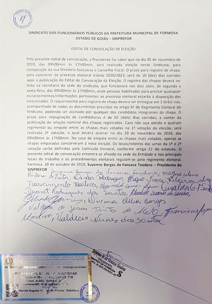 CONVOCAÇÃO DE ELEIÇÃO DO SINPREFOR PARA O PLEITO 2020/2023